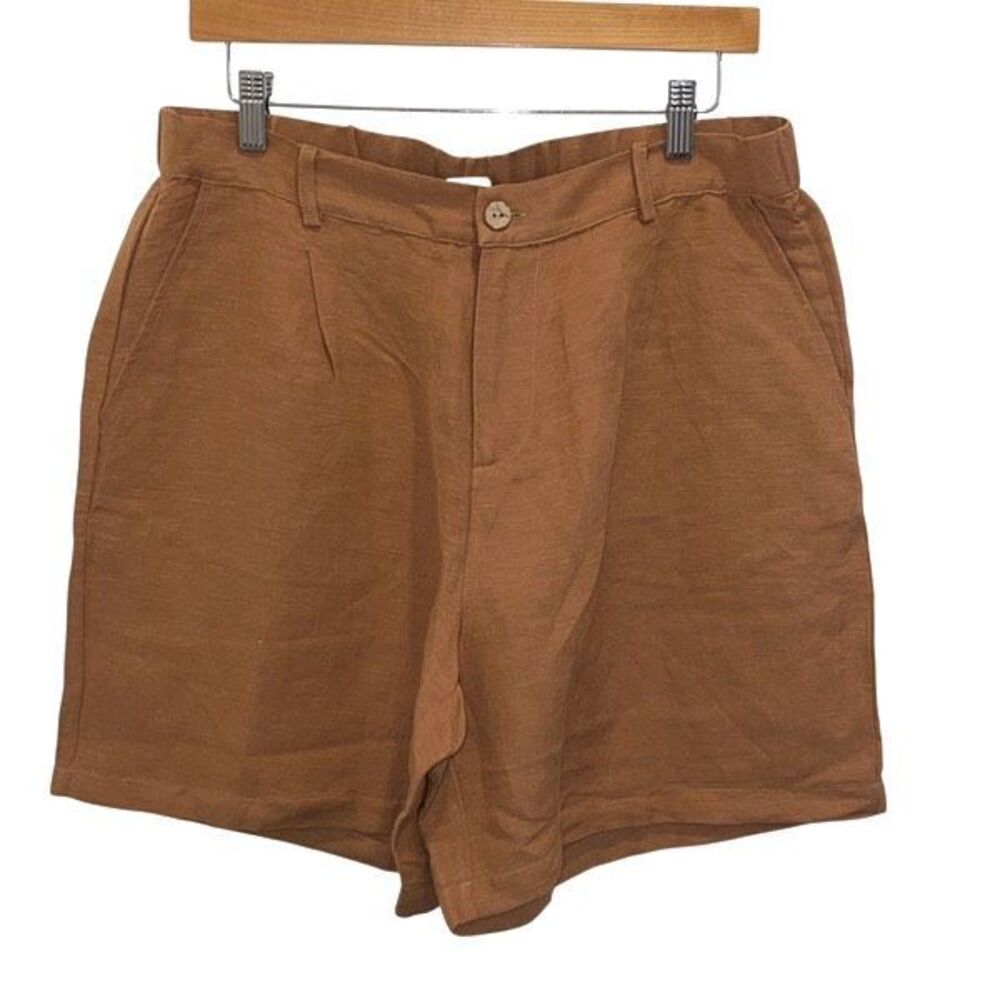 Lintico Womens Pleated Front Elastic Back Waist Linen Blend Shorts‎ Rust XL